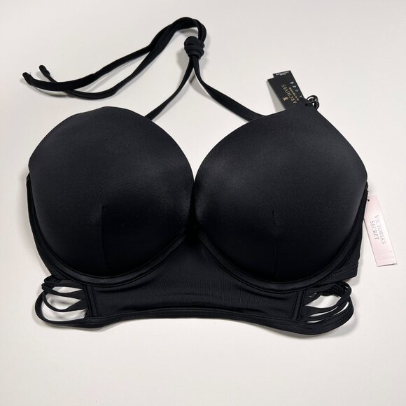Victorias Secret 34DD Bombshell Bikini Top Longline Strappy Adds 2 Cups Black - Picture 1 of 4